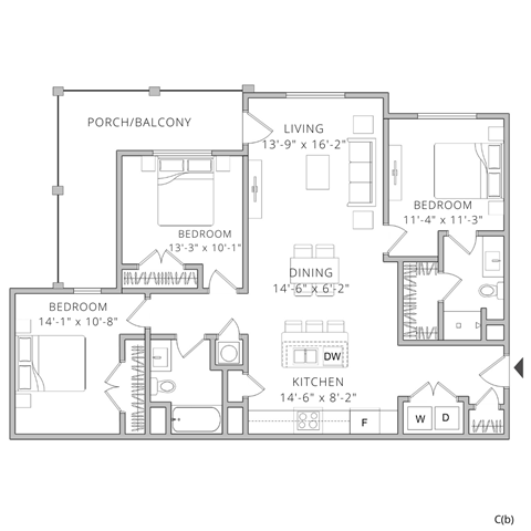 Floor plan for 3 beds, 2 baths, 1243 sqft